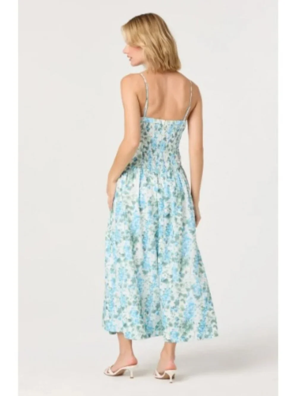 NWT ASTR the Label Capria Pleated Milkmaid Midi Dress, Blue Green floral | Small